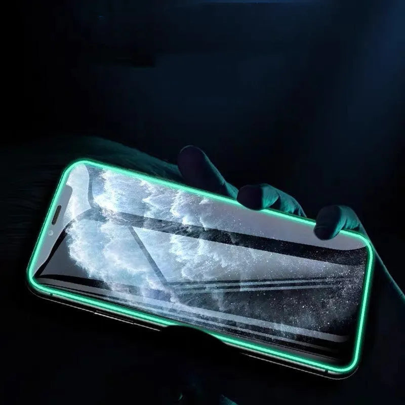 Luminous tempered glass screen protector for iPhone glowing in dark with full cover edge protection