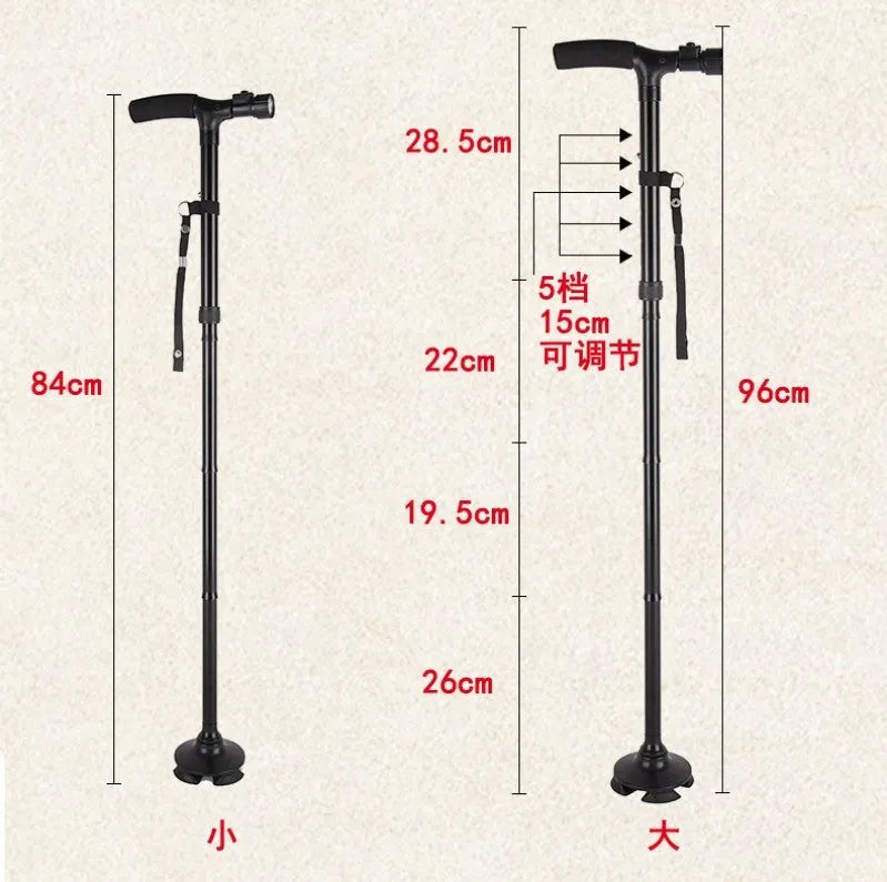 Black LED folding cane with six-LED flashlight, adjustable height aluminium walking stick for elderly