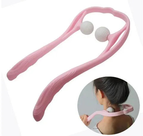 Plastic hand roller neck massager with 3D floating points in pink, blue, and green colour options.