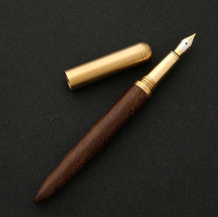 Business fountain pen with stainless steel nib and wooden body in rosewood finish on white background