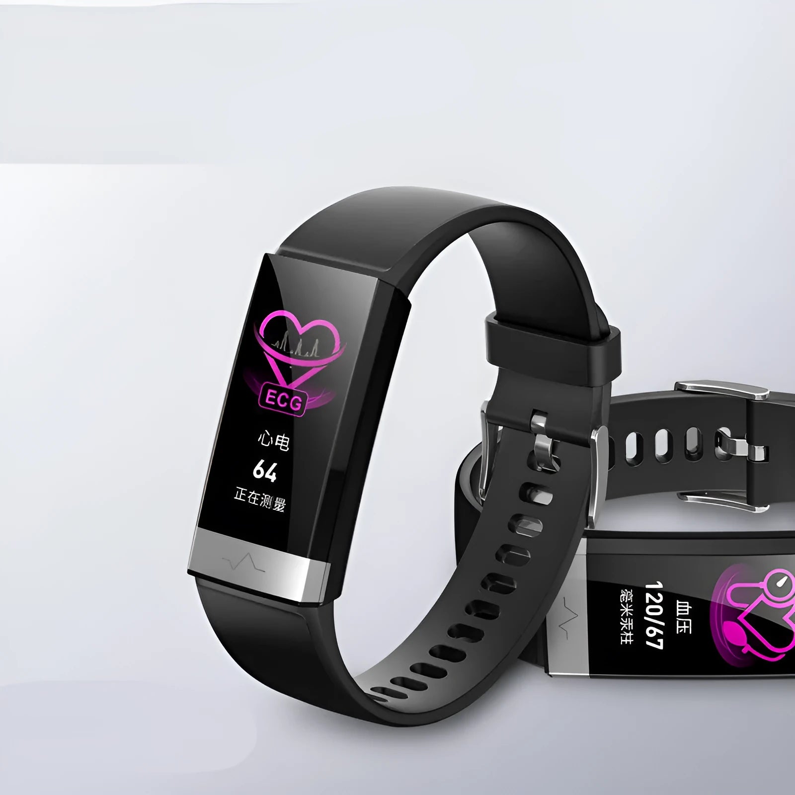 V19 smart fitness bracelet with colour screen on a wrist, shown in black, blue, and red colour options.