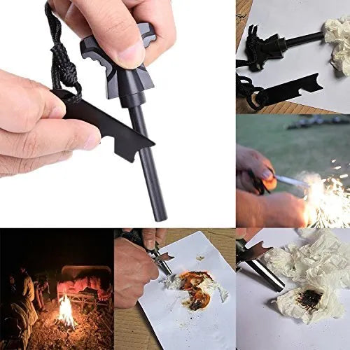 Black outdoor survival tool set box 168x105x48mm with rope fire stick compass whistle carabiner and fishing accessories