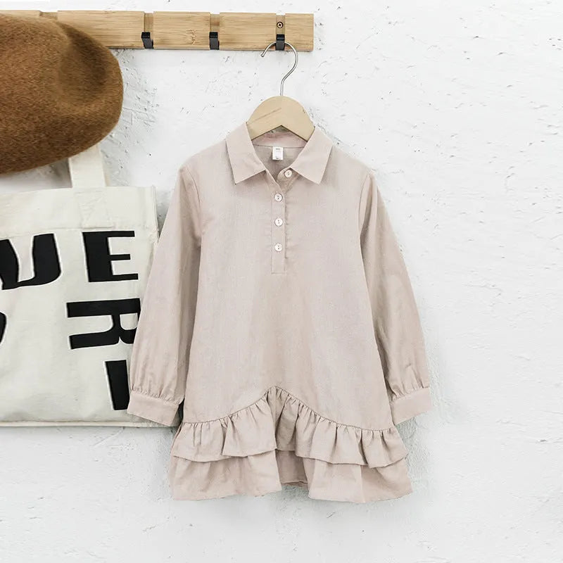 Children's cotton linen long sleeve dress with shirt collar and double-layer ruffled skirt in solid Hemp colour