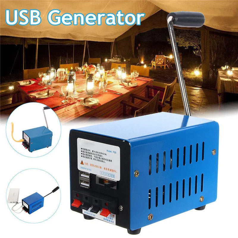 Blue metal hand crank USB power generator with anti-slip grips for emergency charging