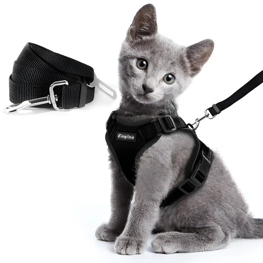 Escape proof reflective cat vest harness with car seat belt adapter for kittens