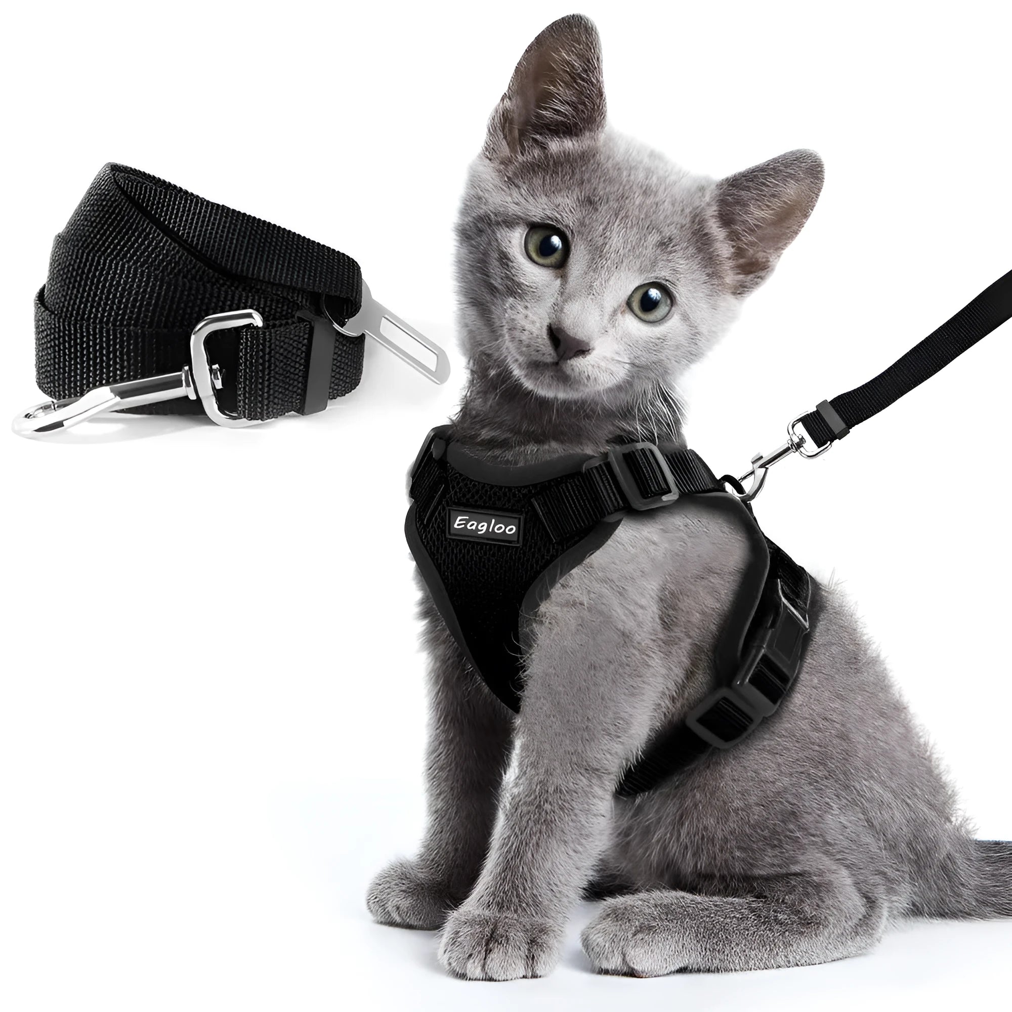 Escape proof reflective cat vest harness with car seat belt adapter for kittens