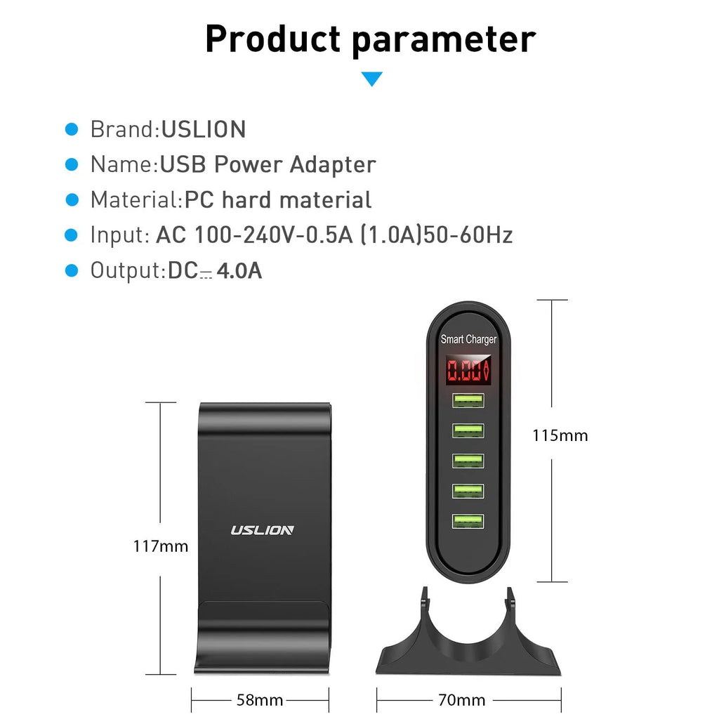 USB wall charger with LED digital display showing voltage readings, available in black and white with different plug types