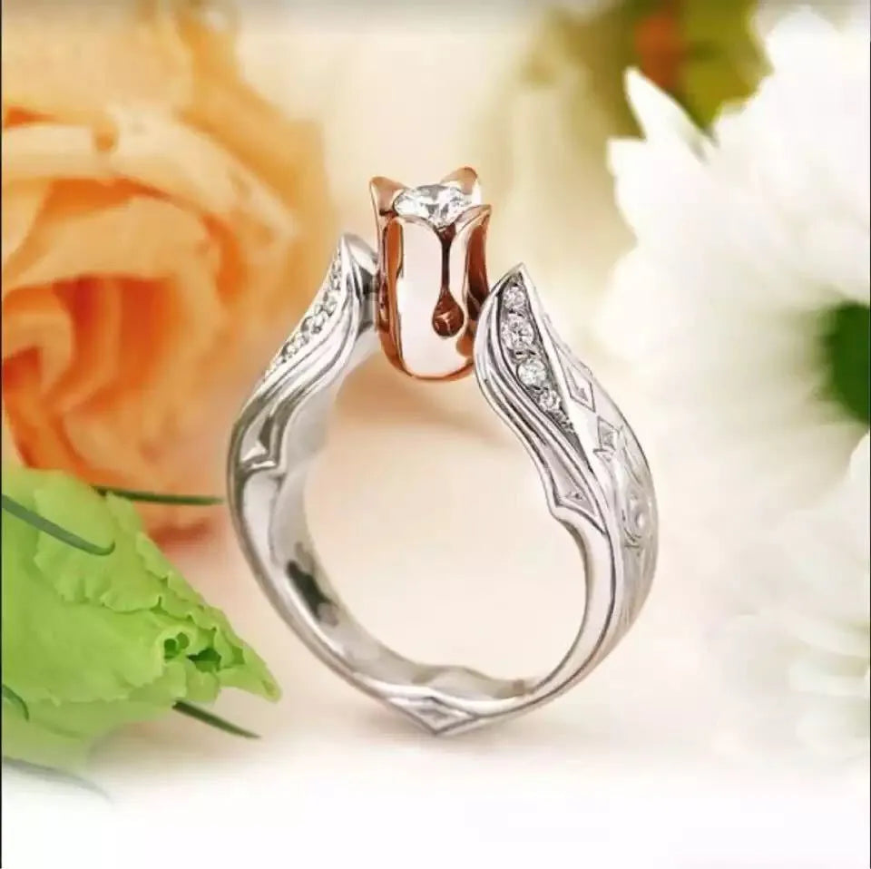 Women's flower separation simulation diamond ring in copper with gold plating, zircon stone, and rose colour separation, sizes 5-10