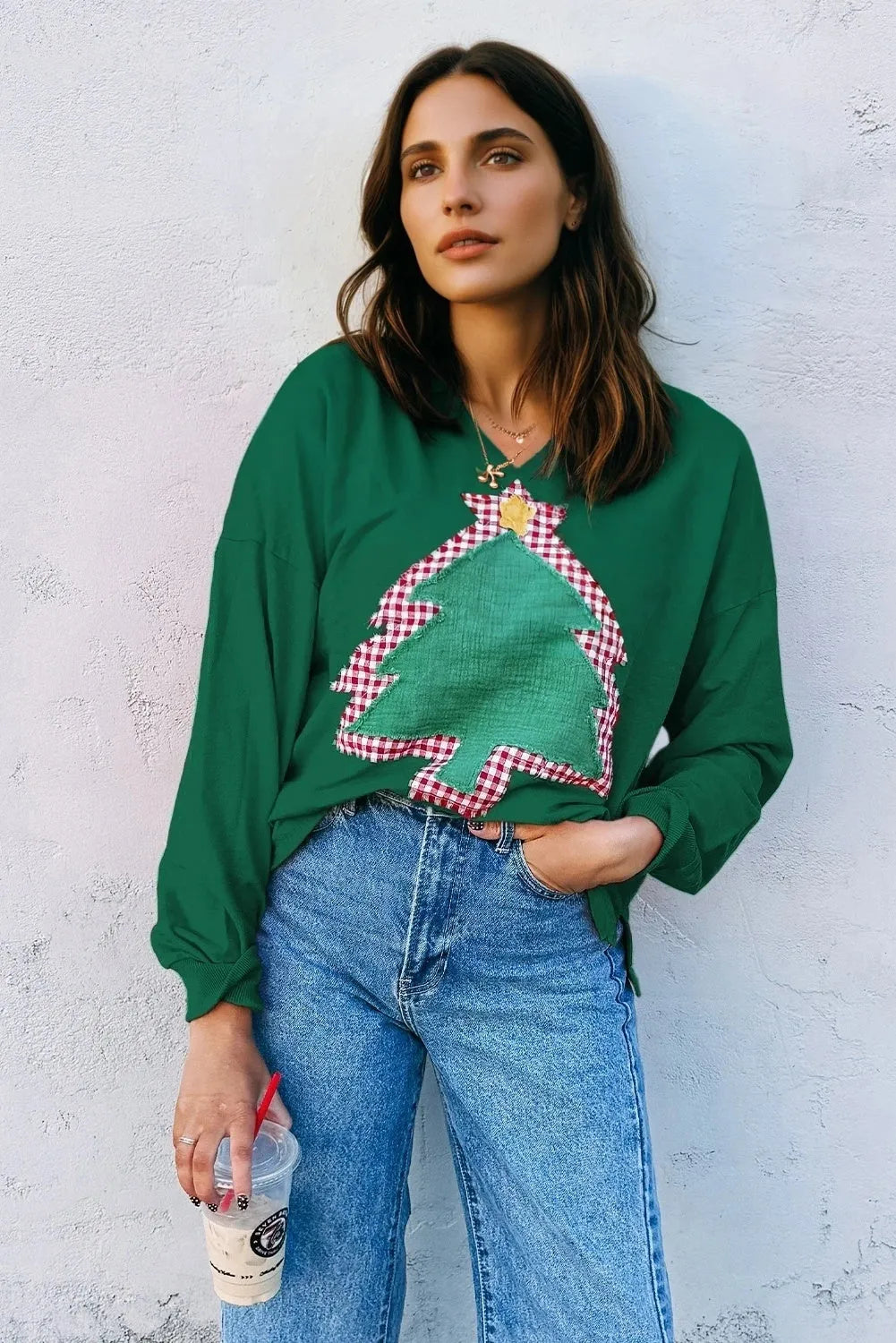Women's Christmas Tree Patch Off-shoulder Sweater in evergreen with sequin tree detail, long sleeves, loose fit