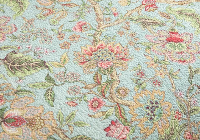 Blue American floral design cotton bedspread quilt set with three pieces showing plant and bird patterns