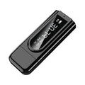 Black USB car FM Bluetooth receiver for wireless audio streaming and hands-free calling.