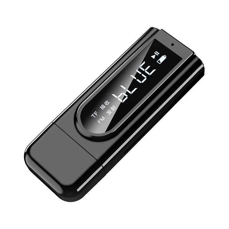 Black USB car FM Bluetooth receiver for wireless audio streaming and hands-free calling.