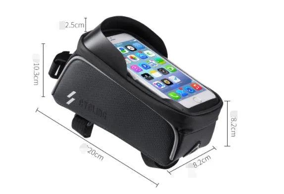 Black PU+EVA handlebar bag with TPU touch film and reflective strip mounted on bicycle crossbeam
