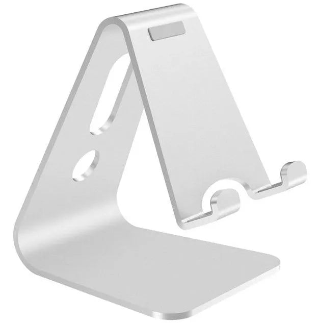 Aluminium universal stand holding a mobile phone and a tablet, shown in silver colour.