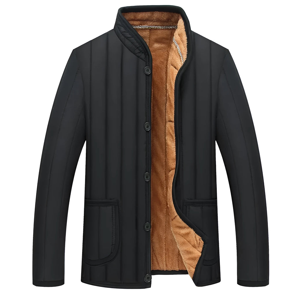 Winter men jacket in dark colour with full zip closure and stand collar, polyester fibre filled regular fit coat