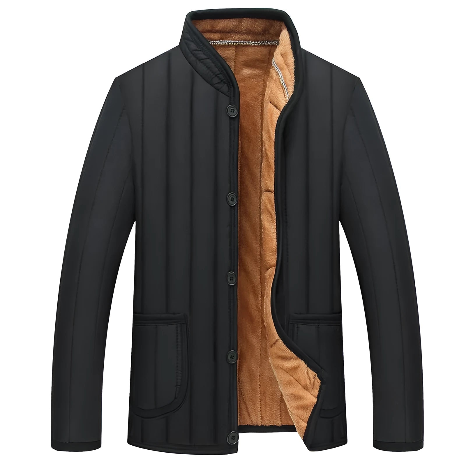 Winter men jacket in dark colour with full zip closure and stand collar, polyester fibre filled regular fit coat
