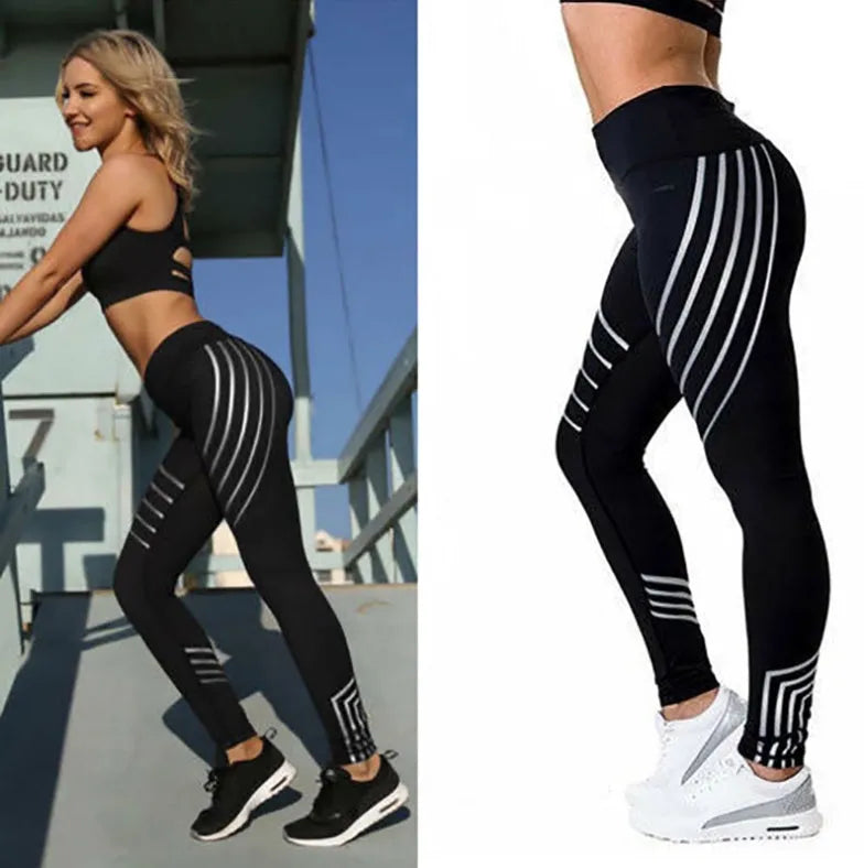 Women's black and white print workout leggings with slim fit pencil pants design.