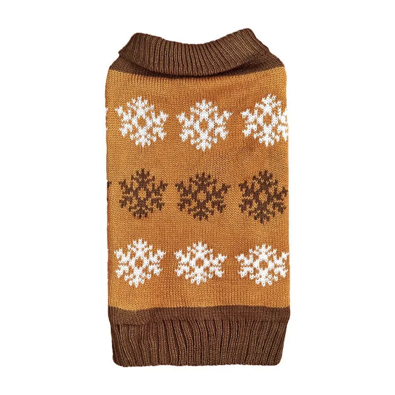 Brown and grey dog Christmas sweater with snowflake pattern, acrylic knit fabric