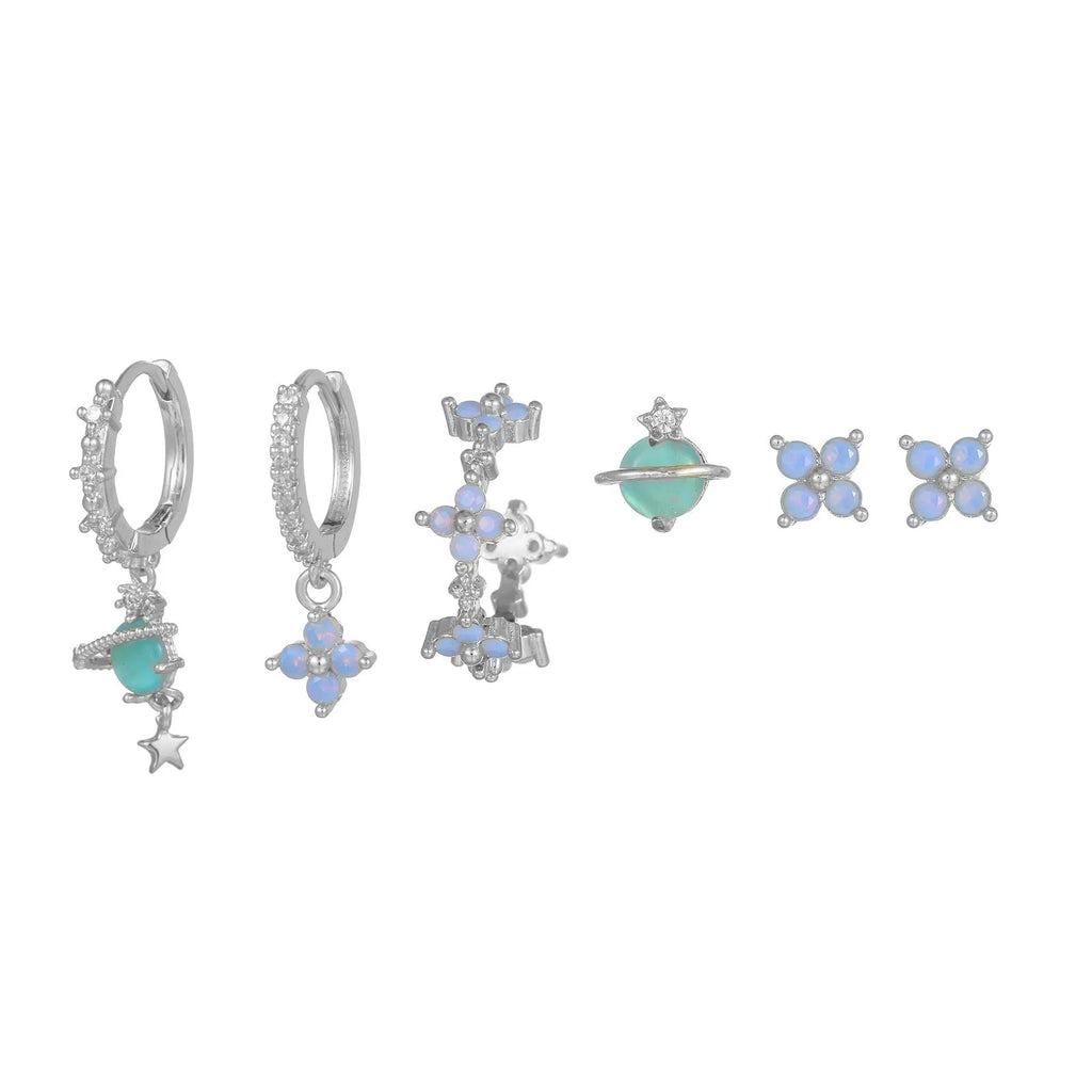Japanese Korean style flower earrings with zircon mosaic on copper in gold and silver colours