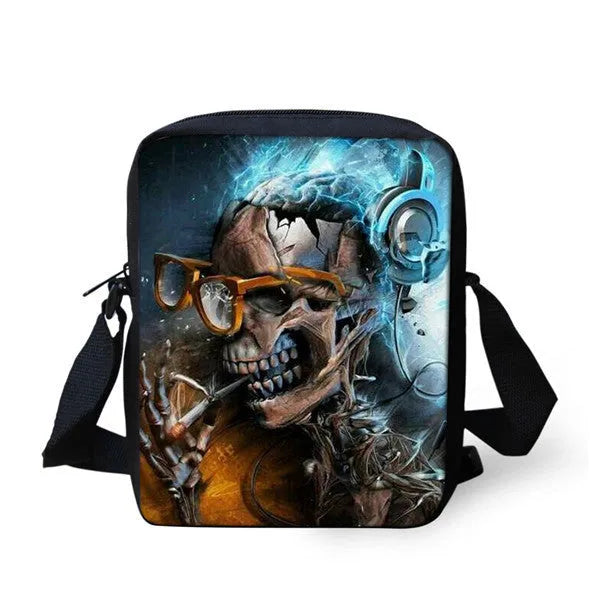 Colourful children's messenger bag with skull design, showing double shoulder straps and zipper opening.