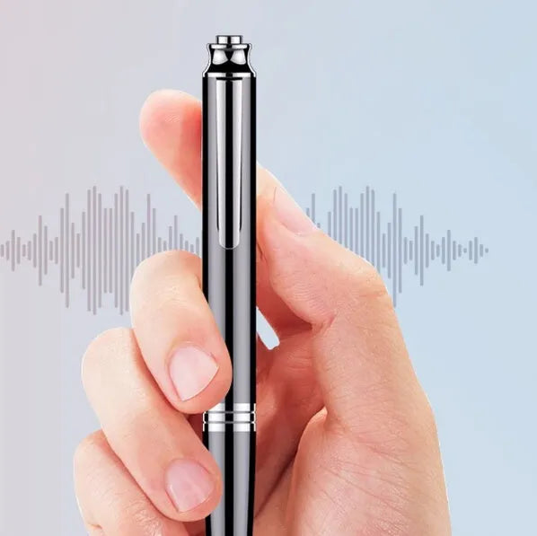 Black USB MP3 recorder pen for voice recording, measuring 120mm in length.