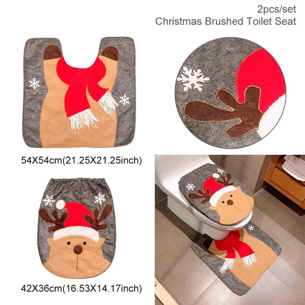Christmas bathroom set with Santa design flannel shower curtain, toilet seat cover, and matching floor mats
