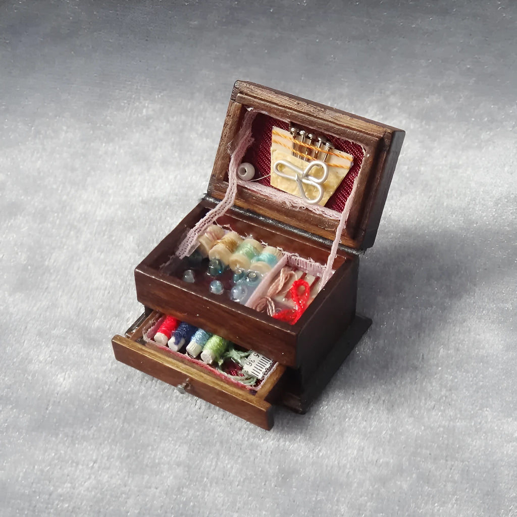 European style birch wood miniature sewing kit ornament measuring 2.2cm