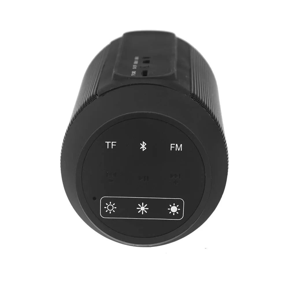 Mini black Bluetooth speaker with a ring of colourful LED lights, showing controls for Bluetooth, FM, and TF card playback.