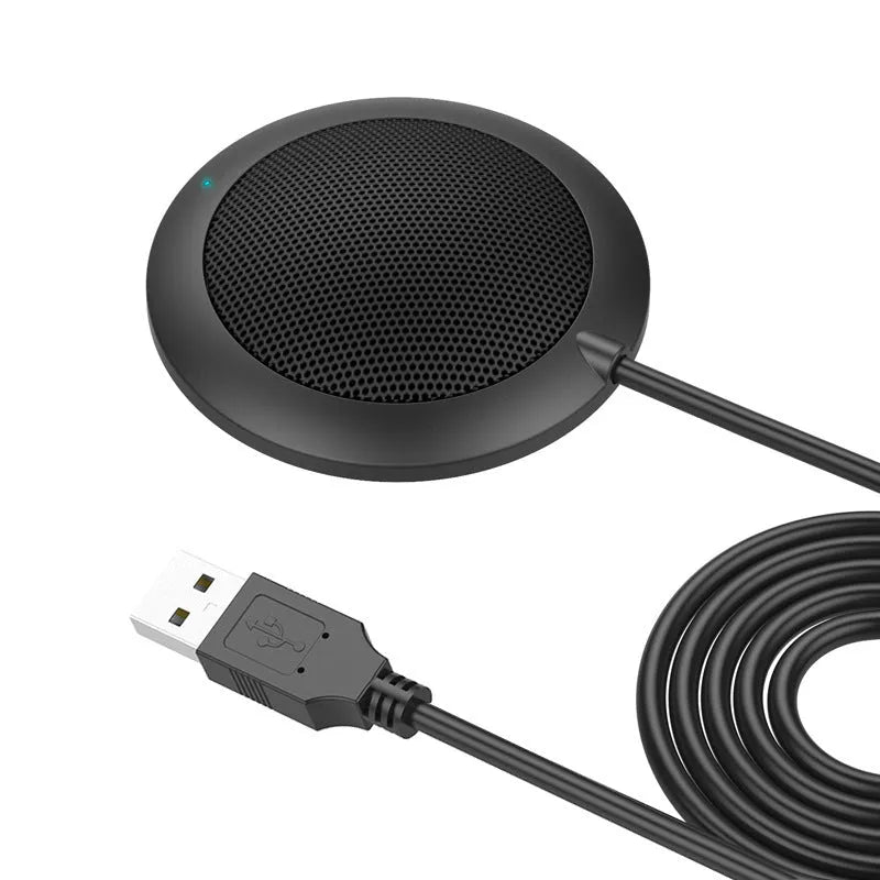 Black USB desktop microphone with metal mesh cover and 70mm diameter design for computer audio recording