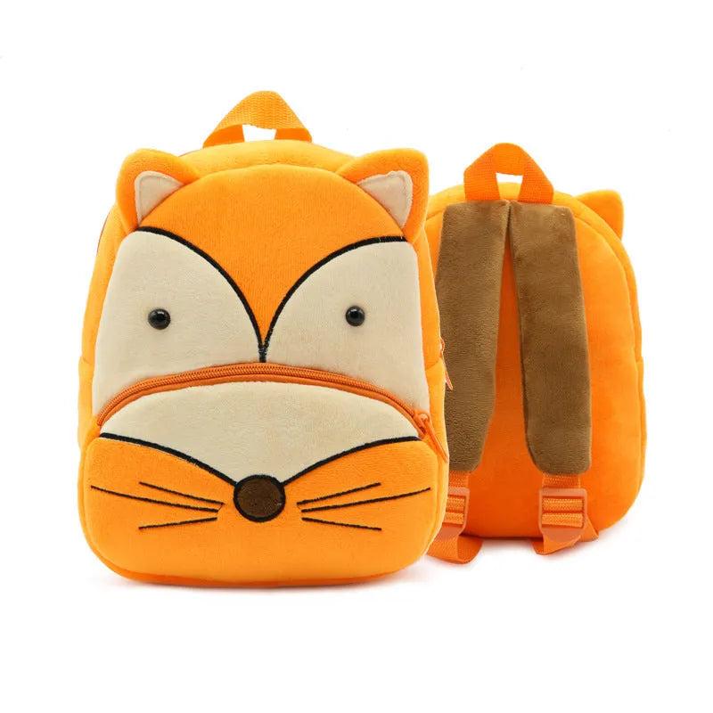 Children's plush animal backpack with zipper opening showing elephant design and dimensions 26x24x10cm