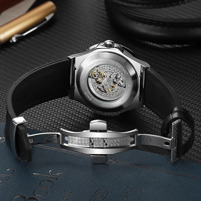 Men's automatic mechanical watch with diamond studded case and hollow movement visible