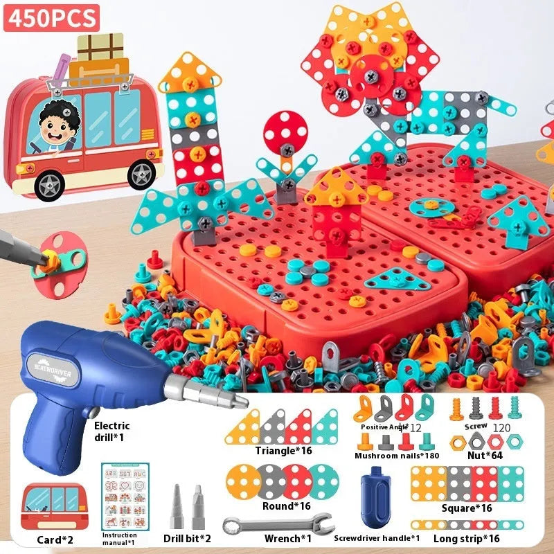 Children's screw puzzle toy with electric drill and plastic screws in a colour box, Big Dinosaur theme