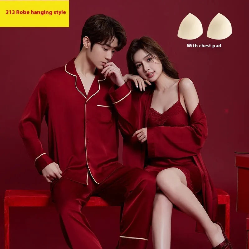 Red silk pyjama set for men and women with long sleeves