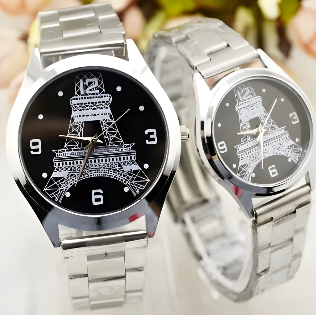 Eiffel Tower watch with black leather strap and stainless steel case showing detailed Paris skyline dial.