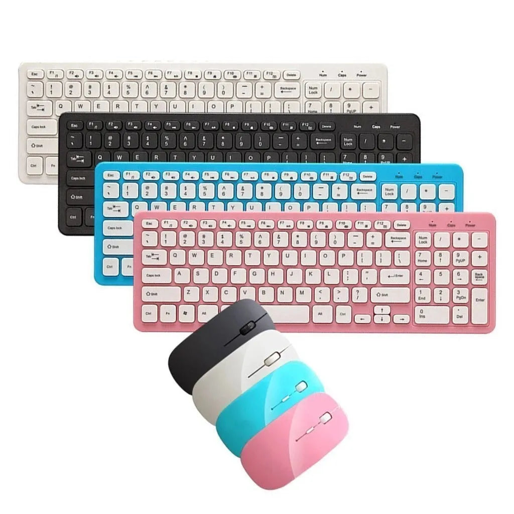 Wireless keyboard and mouse set in choice of colours on a desk, showing USB receiver.
