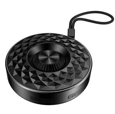 Compact circular black wireless Bluetooth sound box with multi-colour LED lights around its edge.