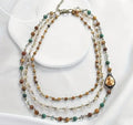 Handmade bohemian multi-layer necklace with natural stone and glass drop-shaped beads in blue-green colour