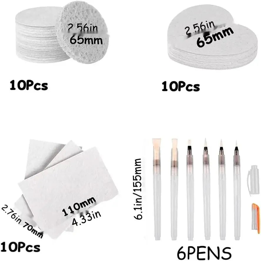 Cartoon wood pulp painting sponge set with heart, round, and square shapes next to six fountain pens