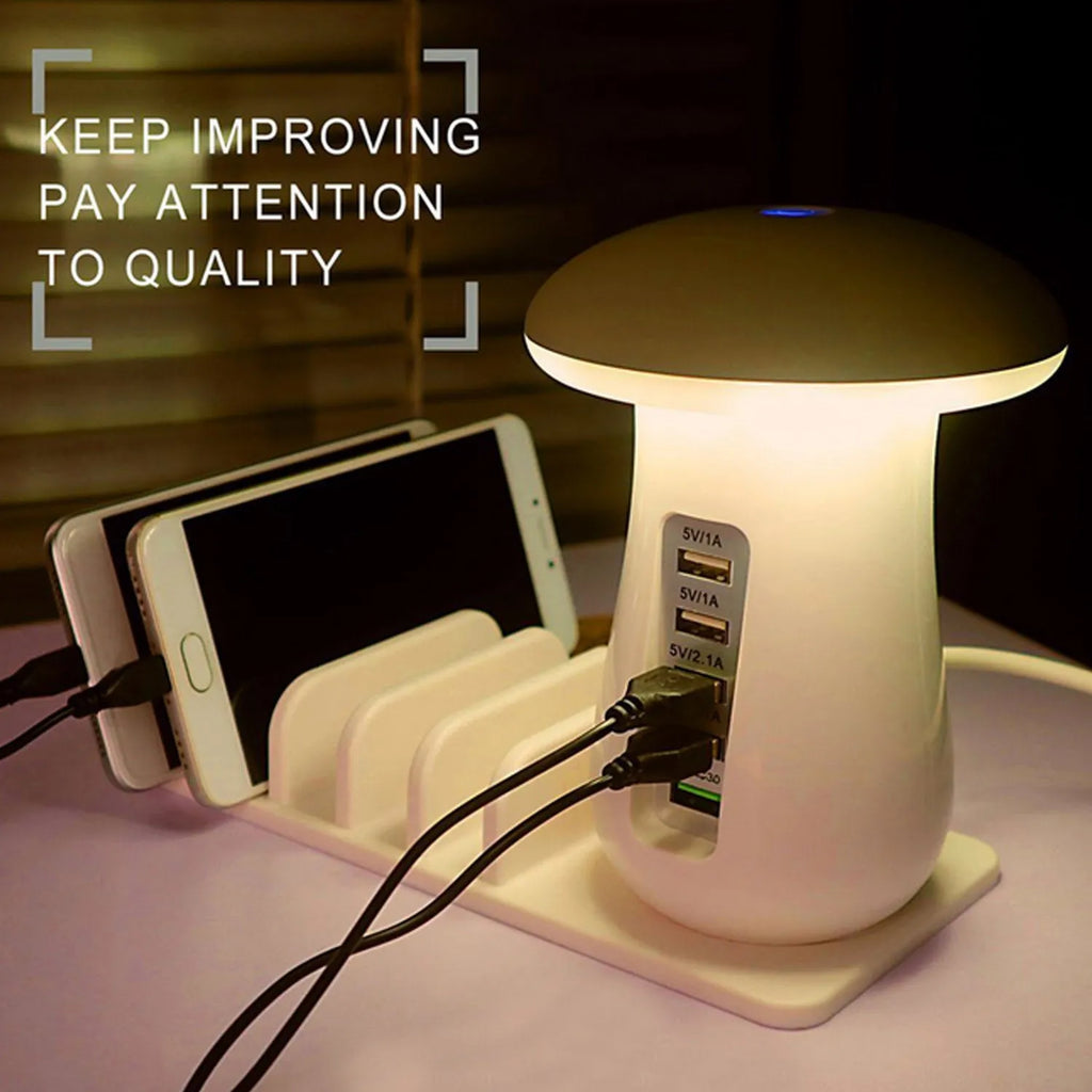 White mushroom-shaped LED charging dock station with 5 USB ports for phones and tablets.