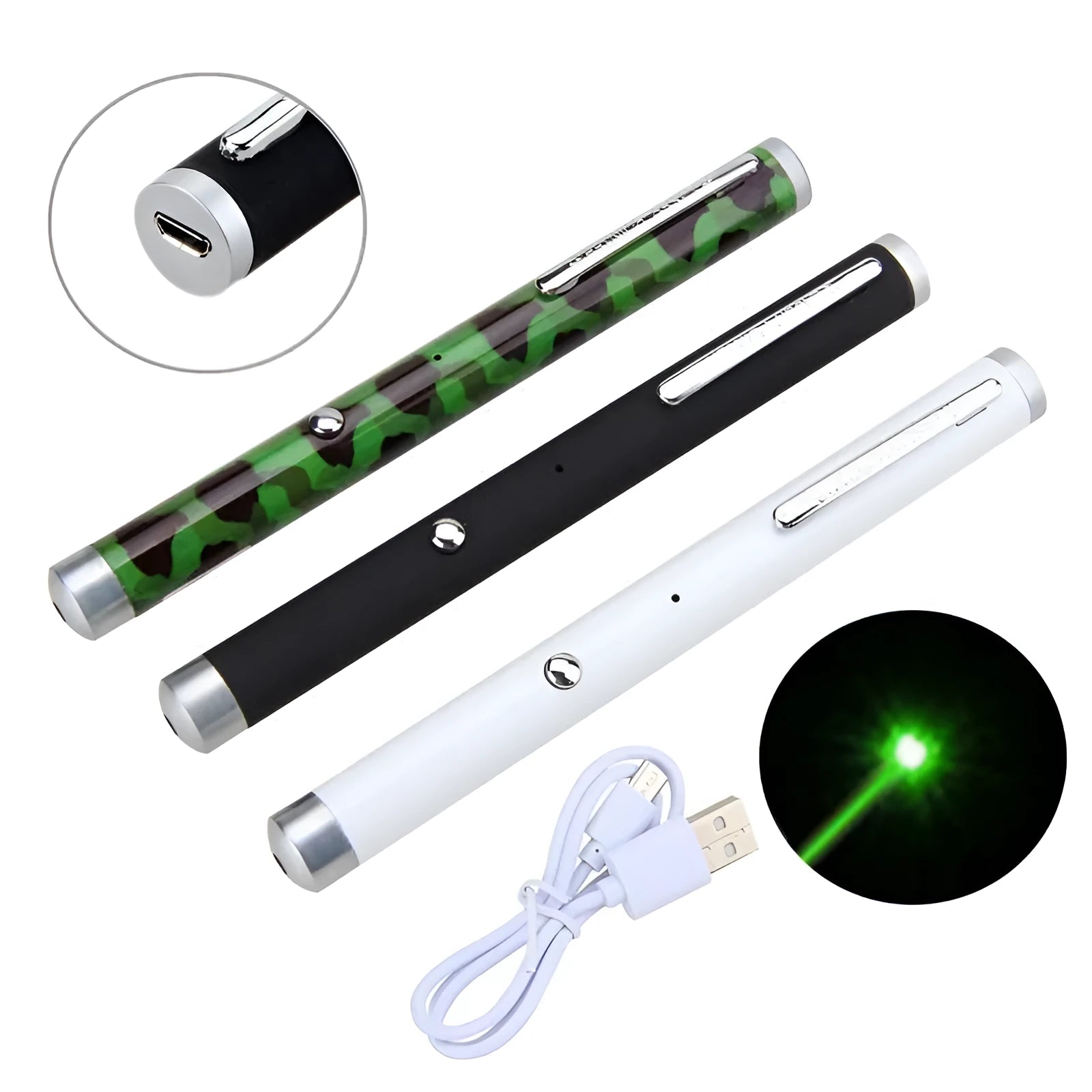 Green laser pointer pen in black, camouflage, and white colour options with 5mw output