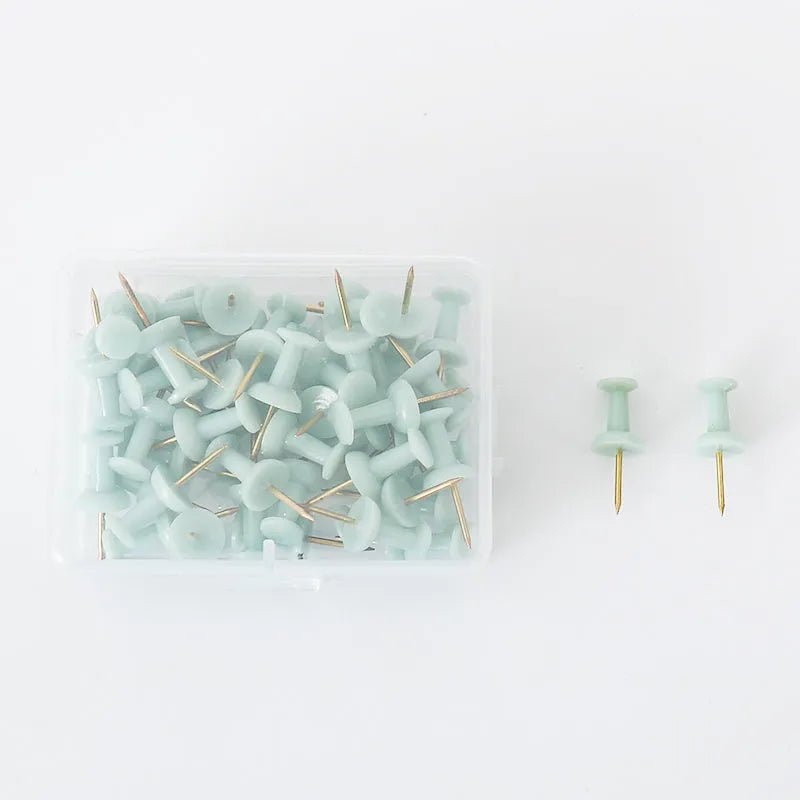50-piece pack of Morandi colour push pins with three different pin head styles on a cork board.