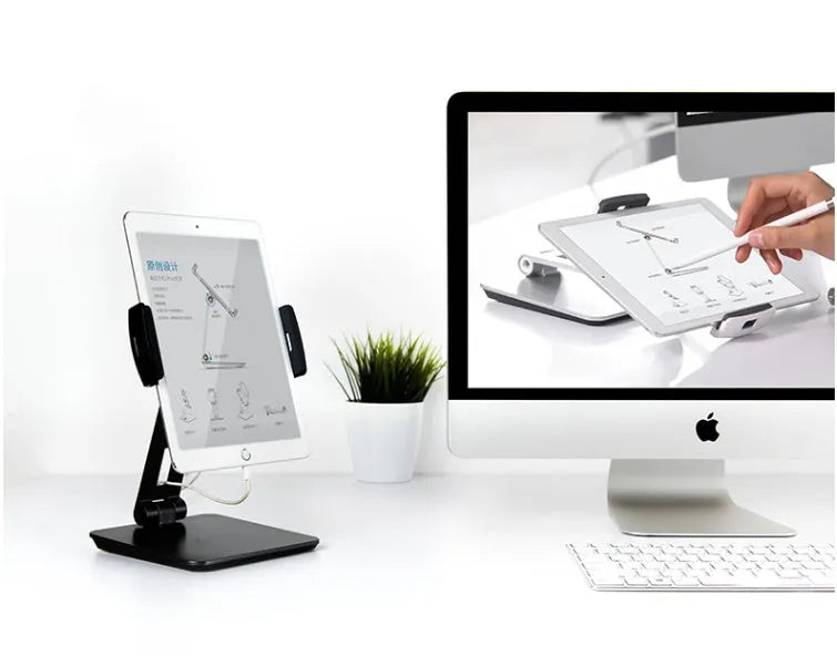Foldable aluminium desktop phone and tablet holder showing rotation mechanism