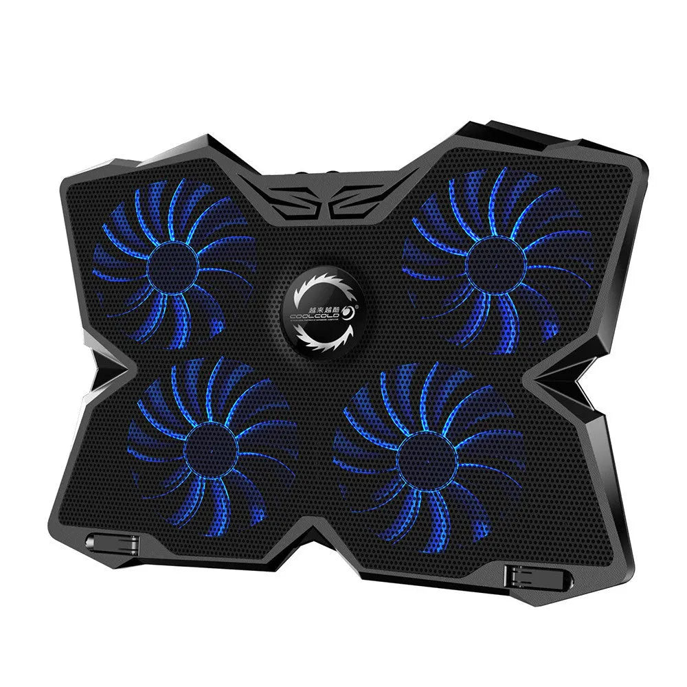 Blue laptop cooling pad with four illuminated fans and USB ports on adjustable base