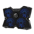 Blue laptop cooling pad with four illuminated fans and USB ports on adjustable base