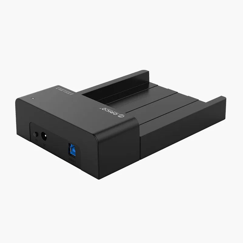 Black plastic hard drive enclosure box for 2.5-inch and 3.5-inch SATA hard drives with USB cable