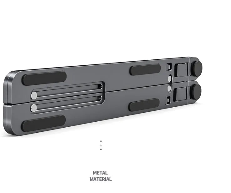 Foldable aluminium laptop stand in silver showing adjustable height mechanism and compact folded size