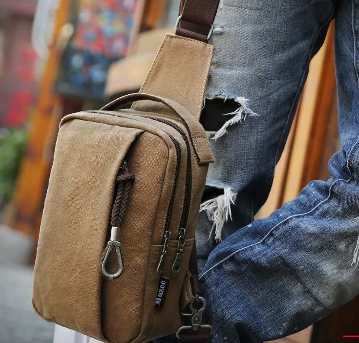 Canvas cross body bag in light brown with adjustable shoulder strap, 16x10x25 cm dimensions