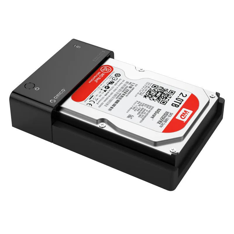 Black plastic hard drive enclosure box for 2.5-inch and 3.5-inch SATA hard drives with USB cable