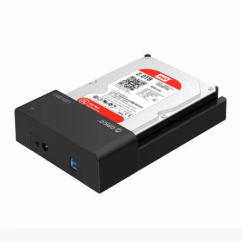 Black plastic hard drive enclosure box for 2.5-inch and 3.5-inch SATA hard drives with USB cable