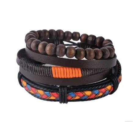 Handmade adjustable leather bracelet with wooden beads and multi-layer wrap design